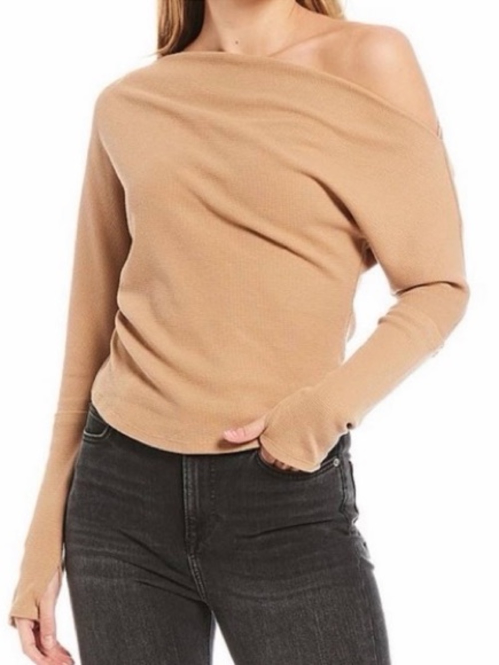 Free People We the Free Fuji Thermal Top Off Shoulder Waffle Knit Neutral Tan M